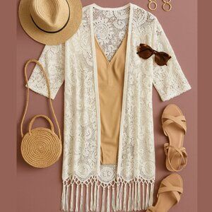 Forever 21, Cardigan, Women's, Small, White Crochet, Beach Cover Up, Resort Chic